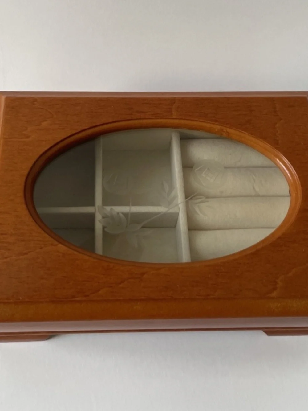 Vintage Small Wood Jewelry Box Glass Lid Etched Flower Design Trinket Box
